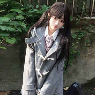花千猪原创学院风牛角扣大衣小野中外套冬藏青色女毛呢jk制服短款