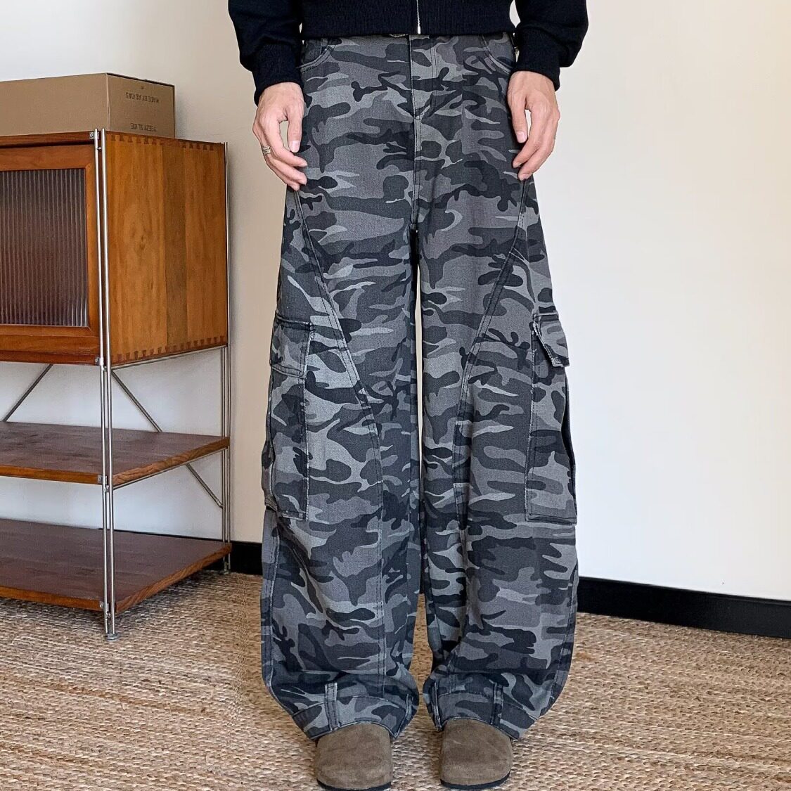 美式复古多口袋迷彩弯刀牛仔裤男女潮设计感高街宽松阔腿工装裤子