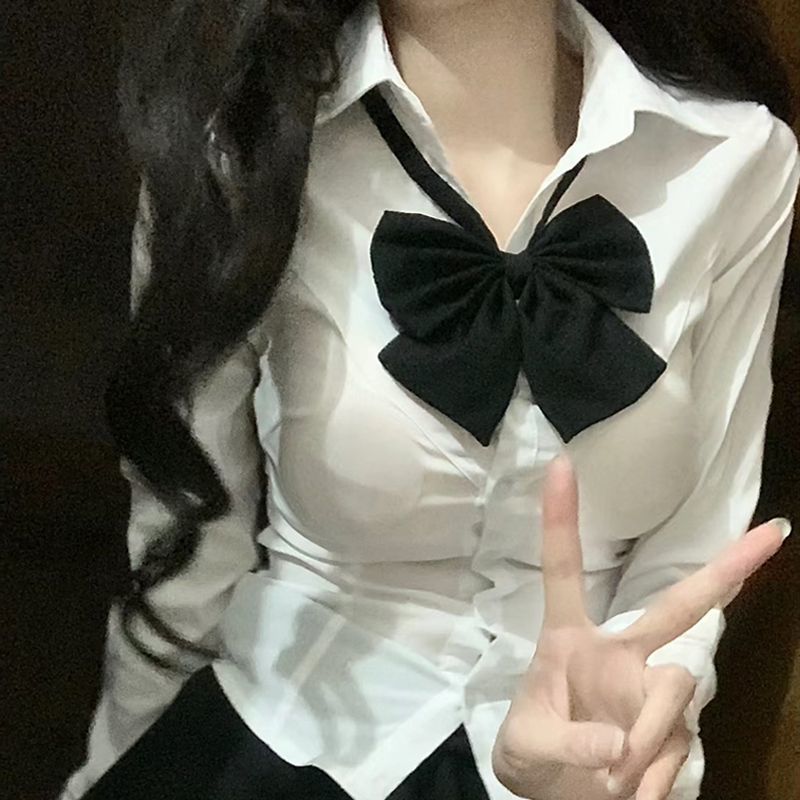 学院风jk制服纯欲收腰白色打底衬衫女春夏季修身显瘦辣妹格裙套装