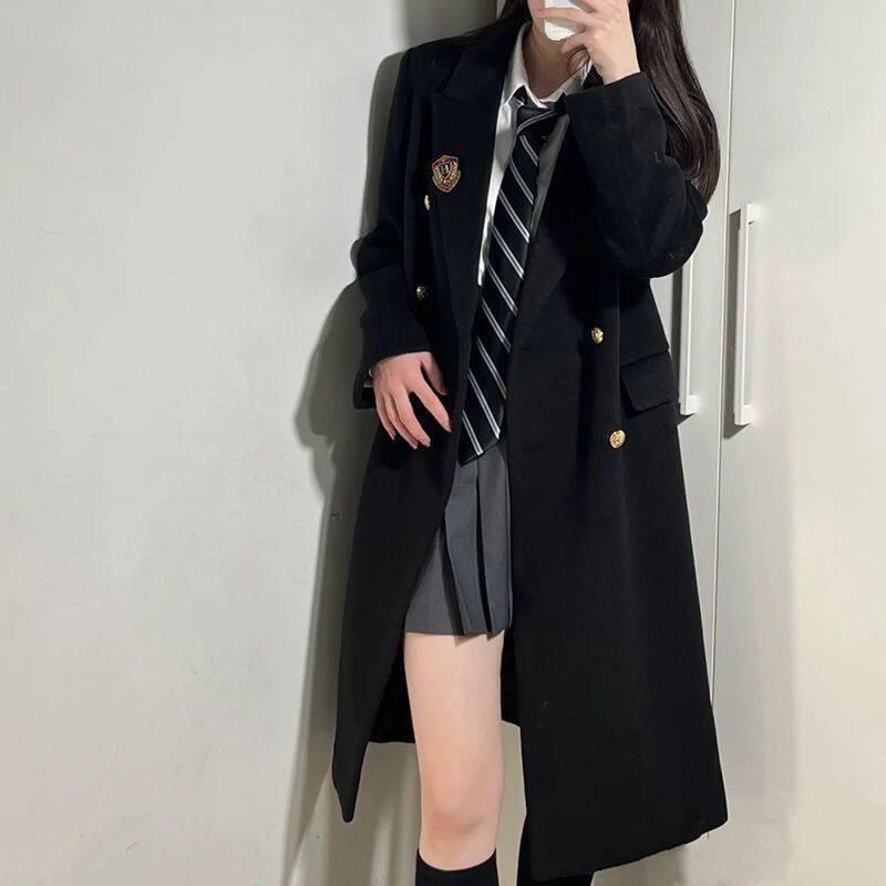 原创校供JK制服大衣女秋冬学院风双排扣中长款小个子黑色毛呢外套