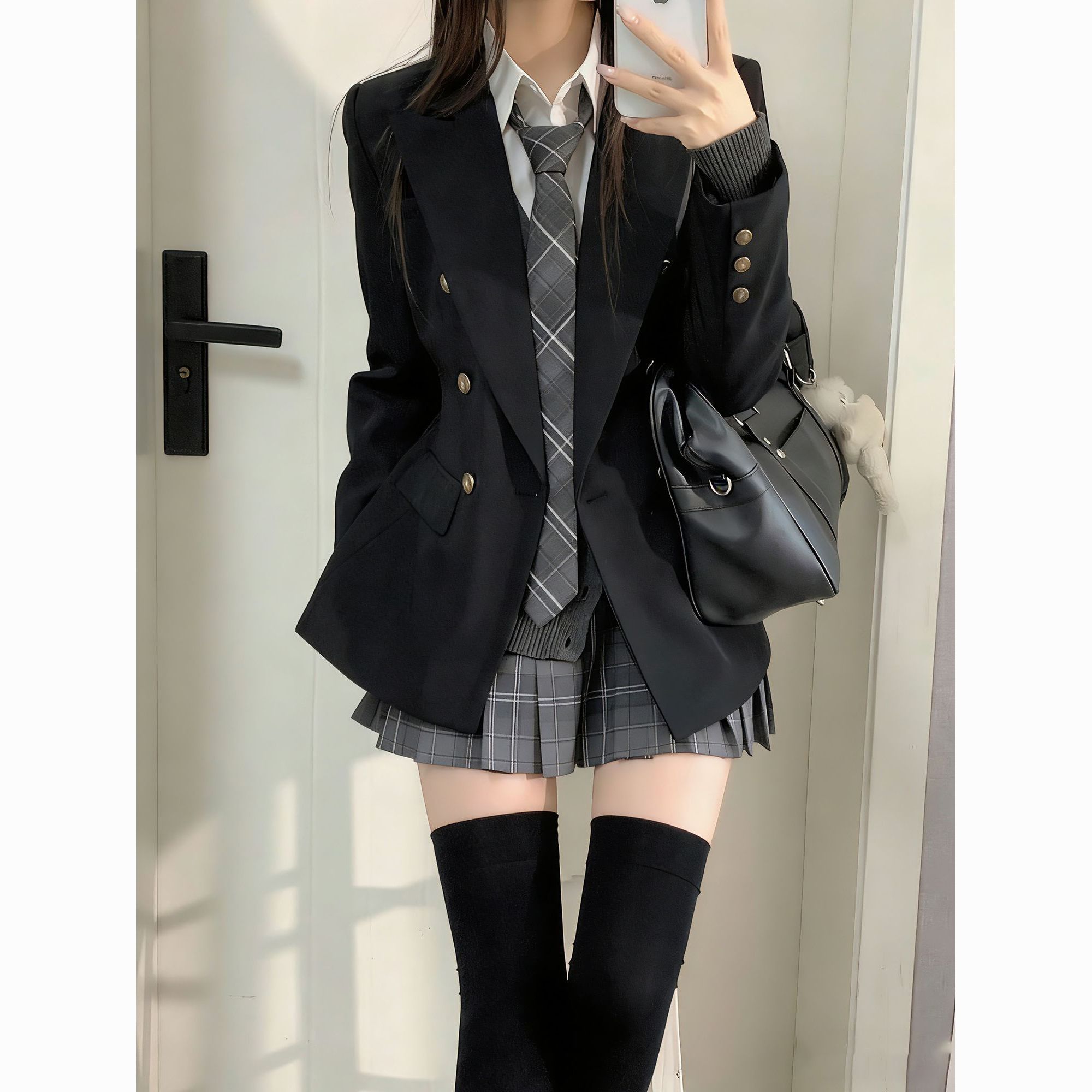 原创正版jk制服西装黑色外套校供学院风双排扣收腰jk西装女三件套
