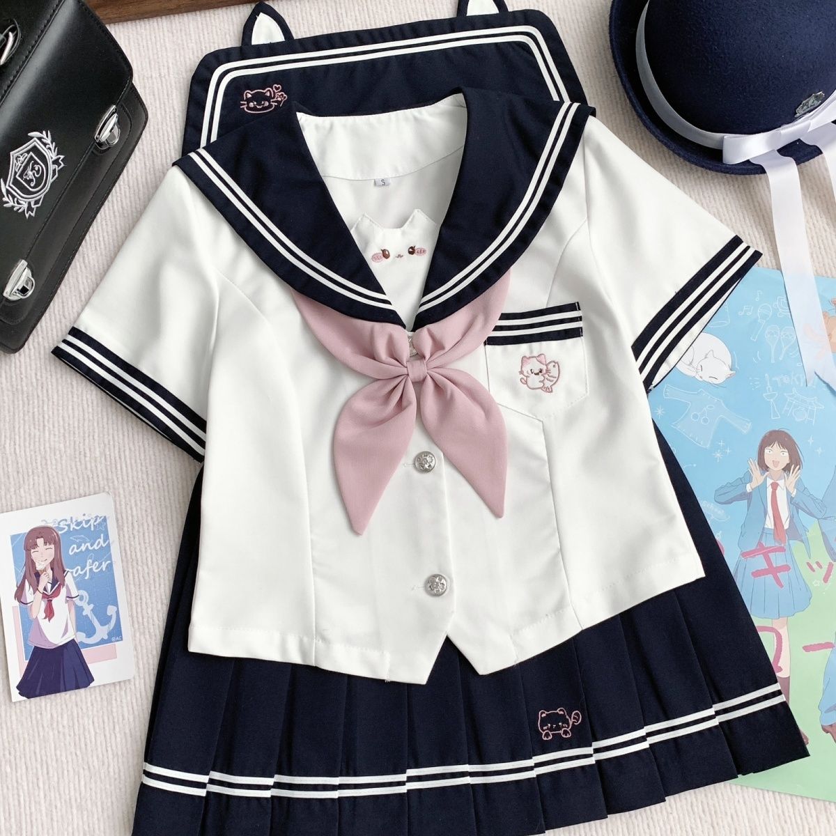 微微风原创【暗夜喵喵】Jk制服正版水手服收腰学院风日系刺绣套装