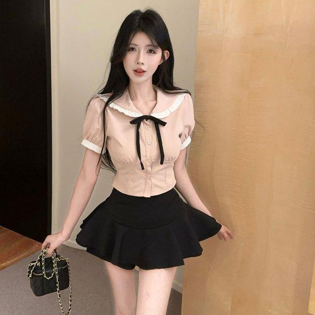 学院风韩系网红甜美两件套女粉色短袖衬衫高腰蓬蓬短裙裤jk套装
