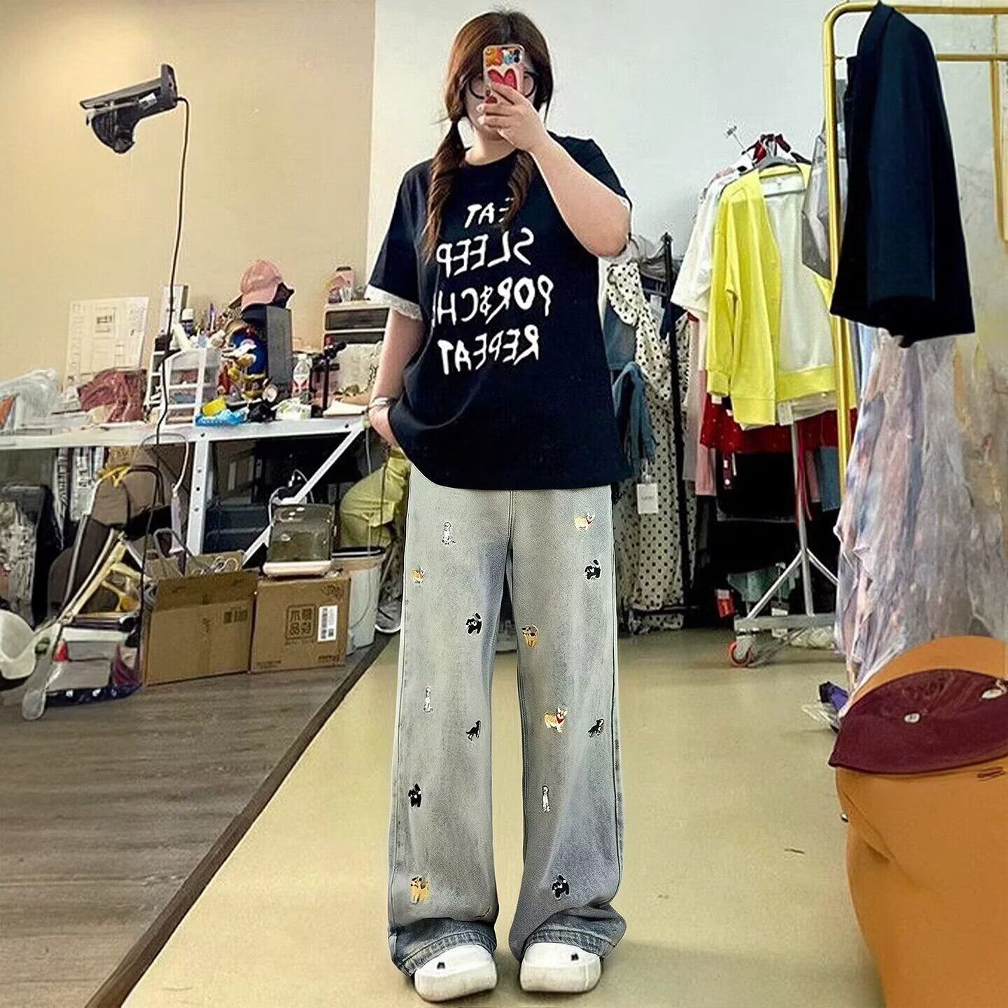 趣味卡通小狗刺绣水洗牛仔裤男女高街宽松直筒阔腿裤显瘦拖地裤子