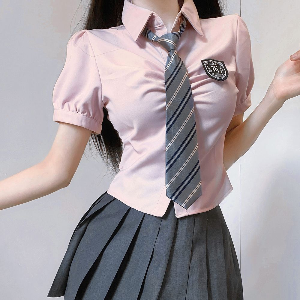 织野鹿jk学院风收腰修身学生日系百褶纯欲风校供感粉衬衫制服套装