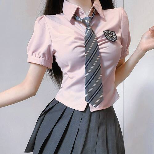 织野鹿jk学院风收腰修身学生日系百褶纯欲风校供感粉衬衫制服套装