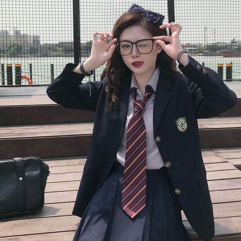 原创制服西服jk外套女正版校供春季黑色学院风西装三件套收腰套装