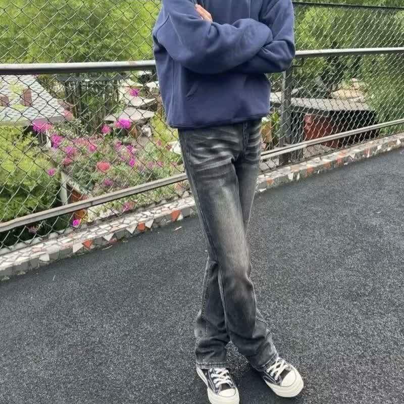 美式复古水洗黑灰微喇叭牛仔裤男女同款2026春季修身显瘦直筒裤子