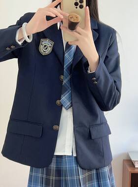 原创jk制服裙春季绀色西装外套女学院风套装正版烟灰西服三件全套