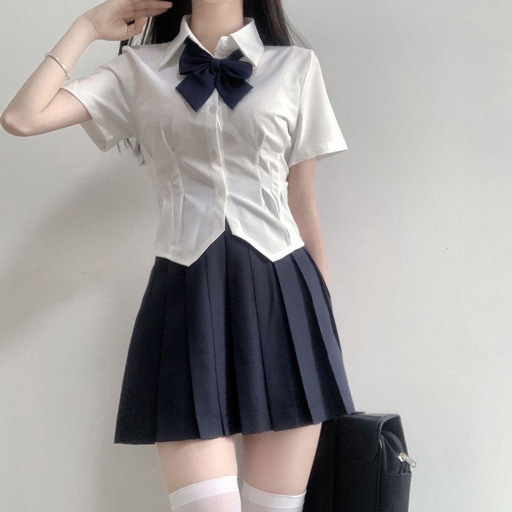 收腰衬衫jk套装女短袖长袖百褶裙百搭修身显瘦学院风弹力甜美制服