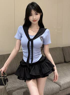 纯欲辣妹海军制服领收修身短袖T恤上衣蓬蓬蛋糕短裙学院JK套装女