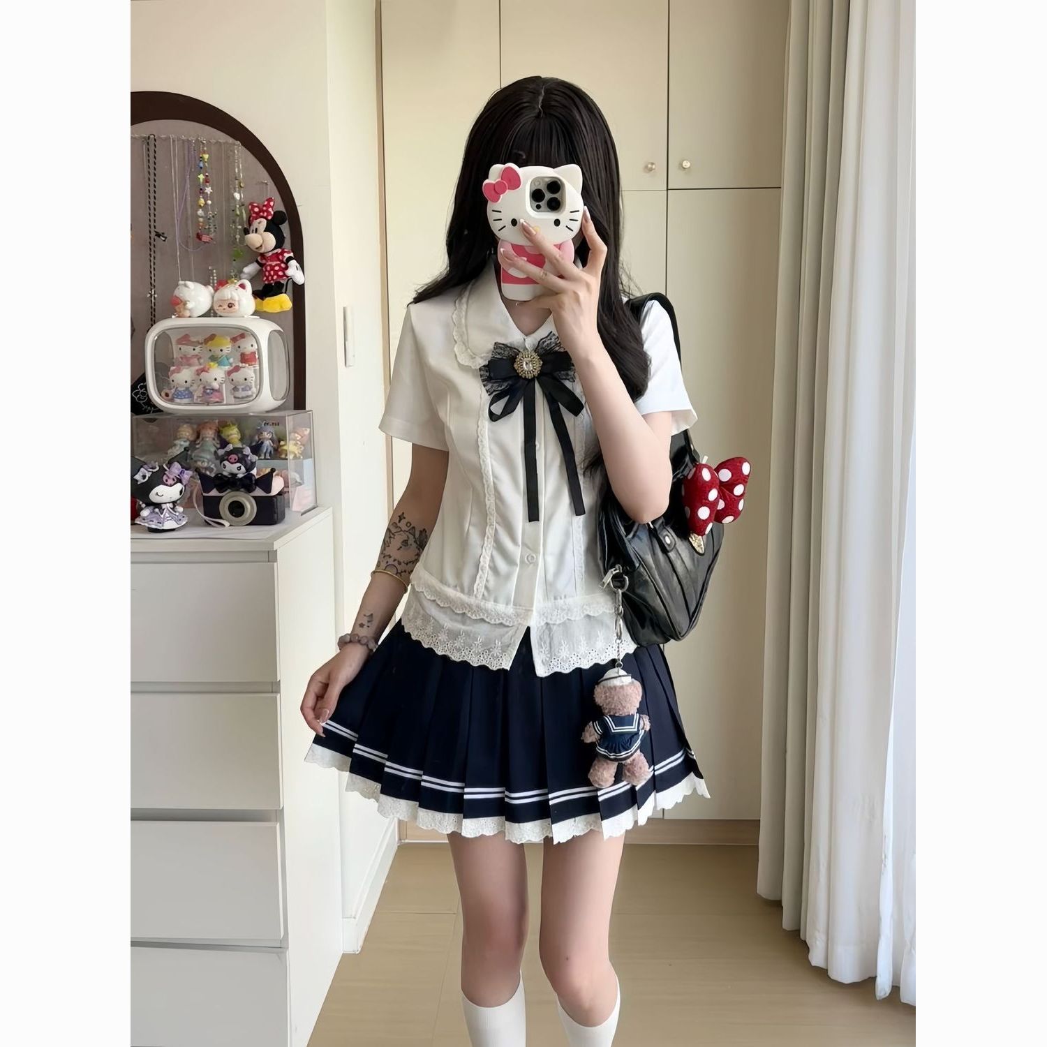 琉璃喵格雷系上衣学院风蕾丝花边娃娃领白色短袖衬衫夏季jk制服女