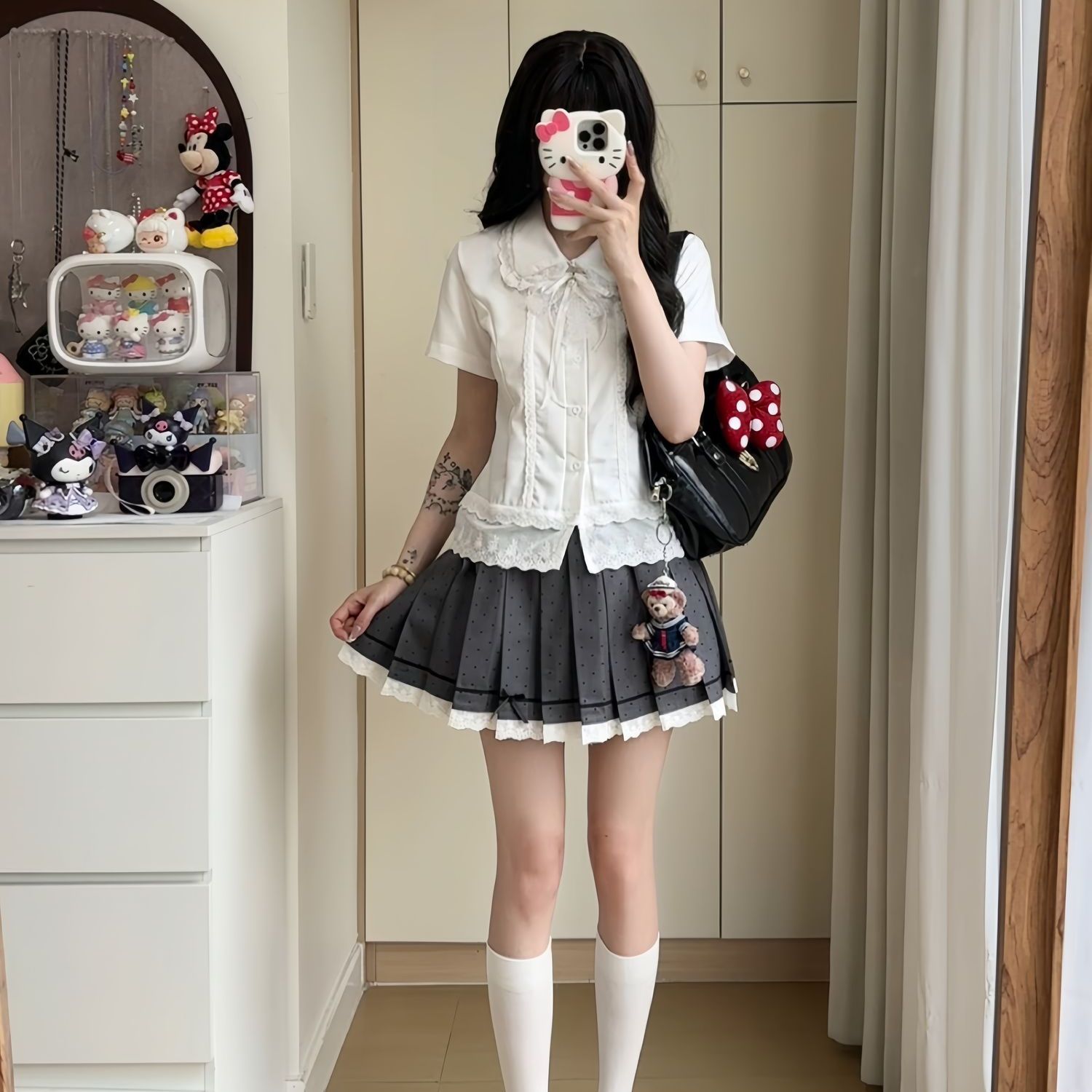 琉璃喵格雷系上衣学院风蕾丝花边娃娃领白色短袖衬衫夏季jk制服女