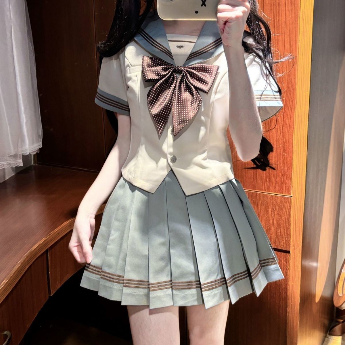 原创jk制服甜美夏季海军蝴蝶结学院衬衫短袖上衣百褶半身短裙套装