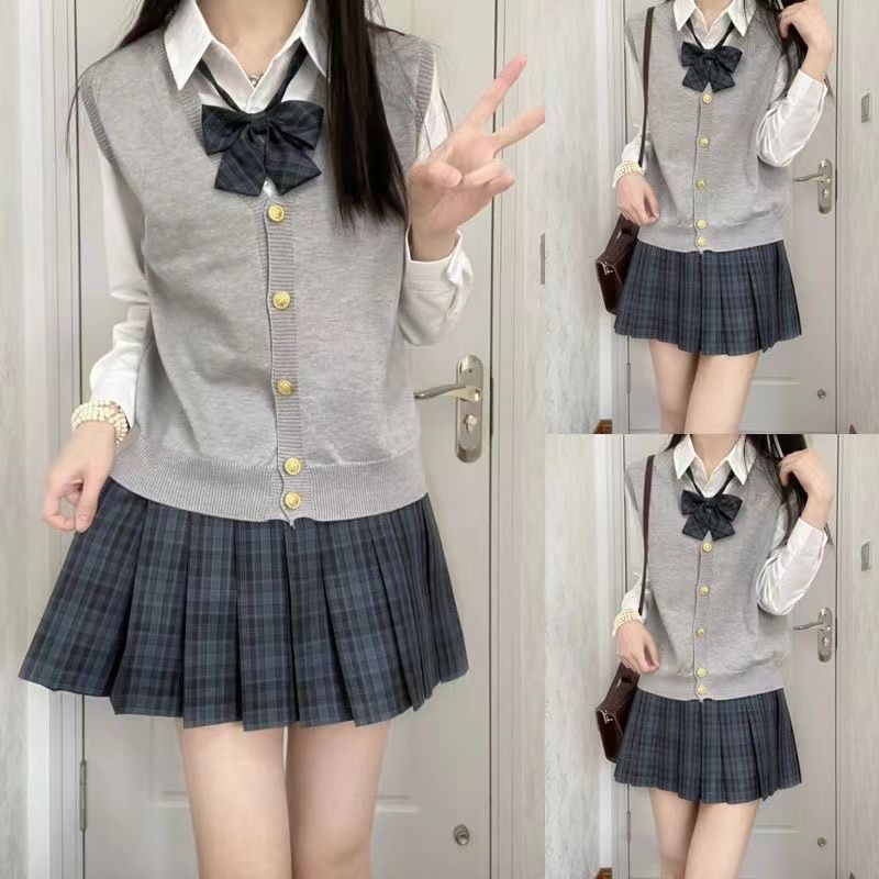 新款jk制服针织开衫背心马甲日系学院风宽松纯色毛衣格百褶裙全套