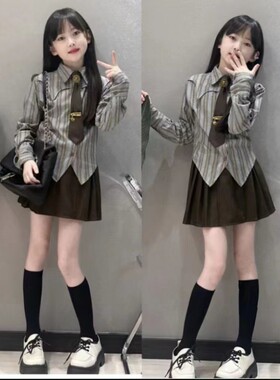 jk套装女童制服春秋装2024新款儿童学院风中大童衬衫百褶裙子洋气