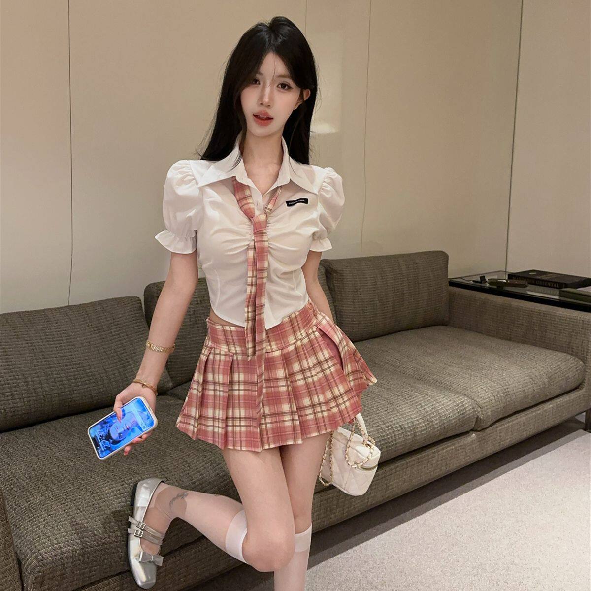 学院套装粉色新款纯欲jk制服领带格纹短袖衬衫女格纹百褶半身短裙
