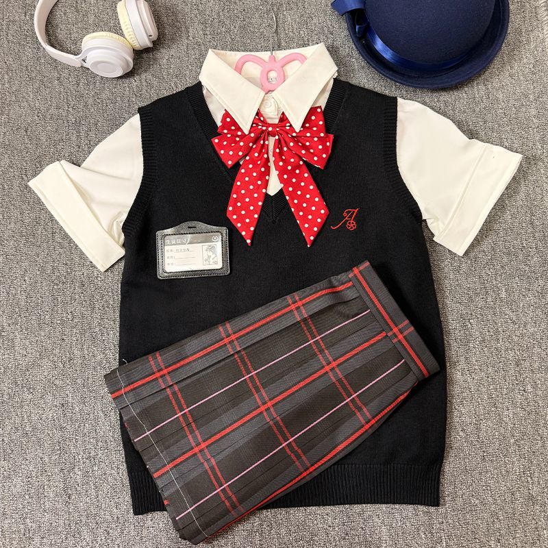 【叠穿五件套】川町香JK正版制服套装毛衣背心衬衫格裙学院风女