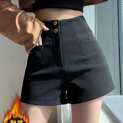 加厚显黑色加绒黑色外穿瘦高加绒显腰腰短裤腿短裤高腰瘦高阔
