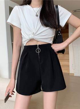 拉链年春夏潮穿银色2026阔休闲裤女百搭外腿A短裤高腰打底韩版字