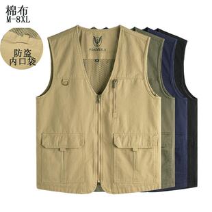 男士春秋季无袖马甲纯棉V领多口袋中年休闲潮牌钓鱼宽松大码马夹