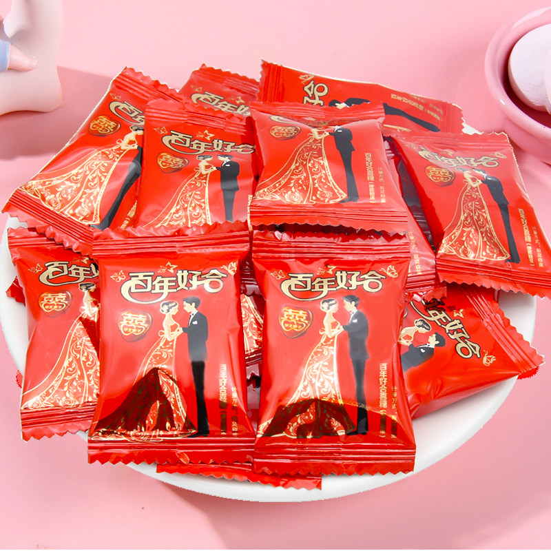 阿q熊百年好合牛奶司考奇硬糖500g约65结婚庆喜糖果零食散装批发