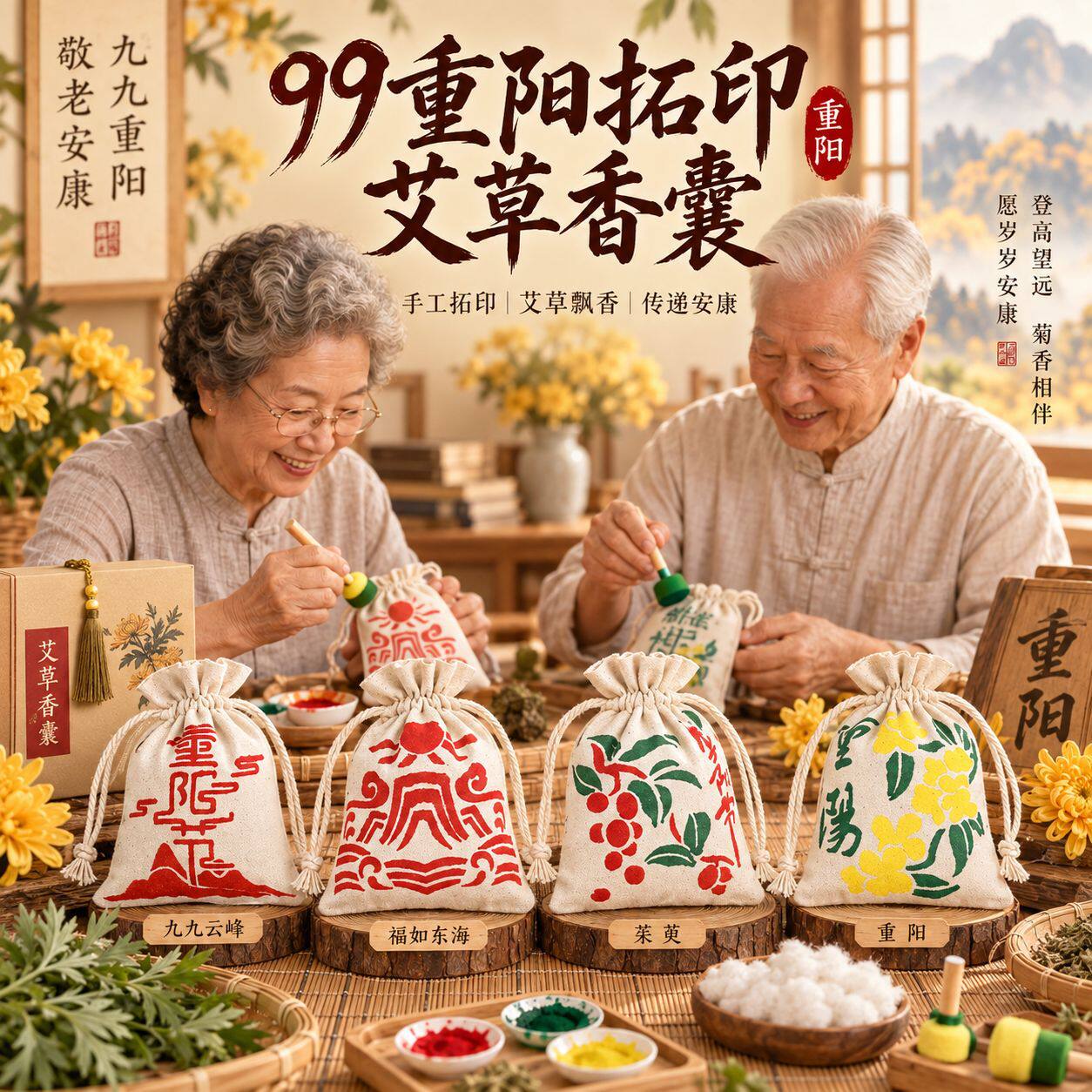 重阳节拓印香囊手工diy材料包亲子手工亚麻香包老人社区活动团建