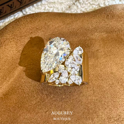 AUGUREY 08/24 切斯特梨钻戒指S925纯银镀金5A锆石14.3ct珠宝级