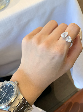 AUGUREY 高定系列925银合成锆石双生爱心梨形开口调节戒指小众