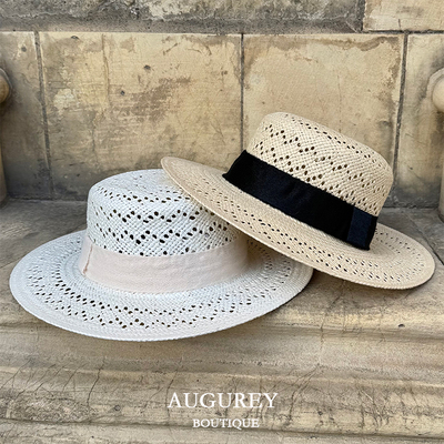 AUGUREY 3/20 英式老钱风草编礼帽fever同款度假风巴拿马帽子平顶