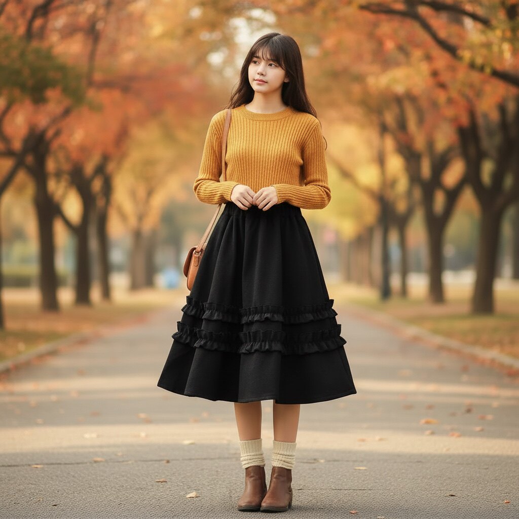 女秋冬加厚磨毛半身裙优雅显瘦学生少女百搭单品木耳边中长裙
