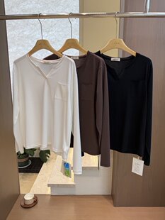 女士春秋款V领长袖T恤衫26新款女装休闲百搭韩版宽松显瘦打底上衣