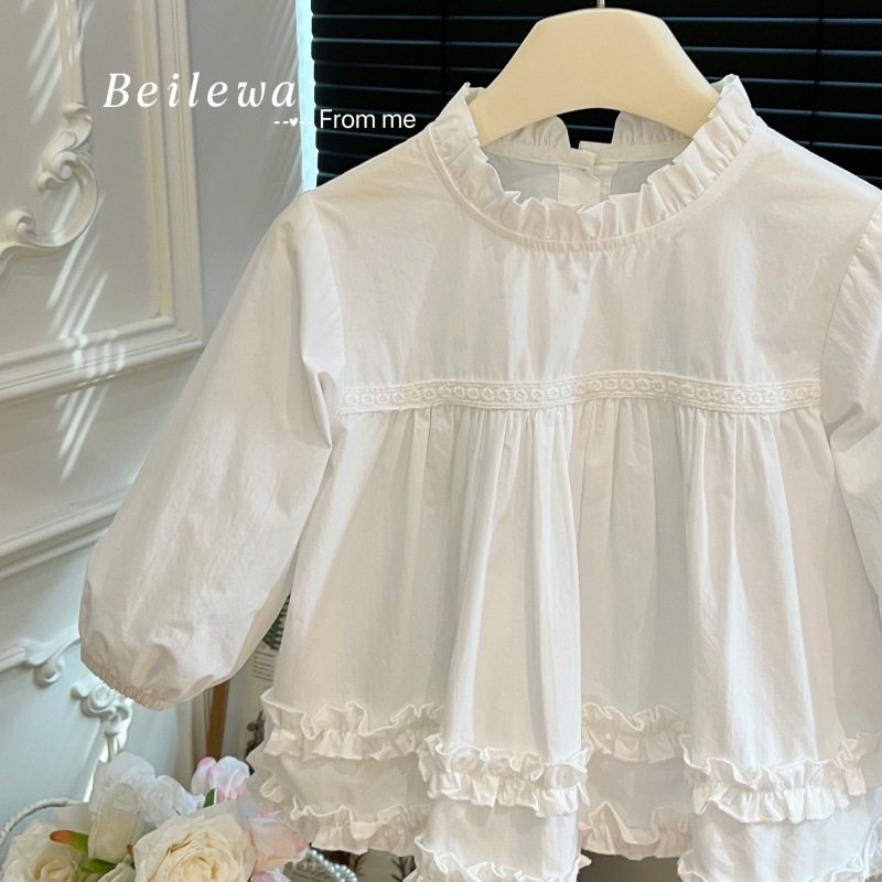 新款女童秋装百搭白色花边长袖衬衫女宝宝韩版儿童休闲款洋气童装