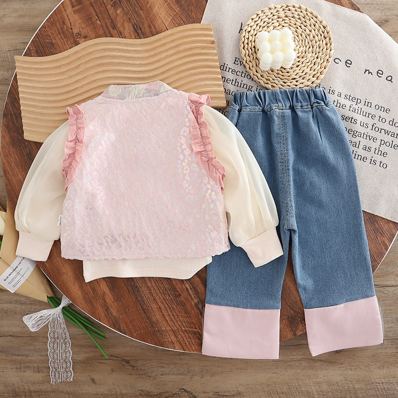 女童秋装套装2025新款宝宝中国风马甲三件套洋气儿童衣服