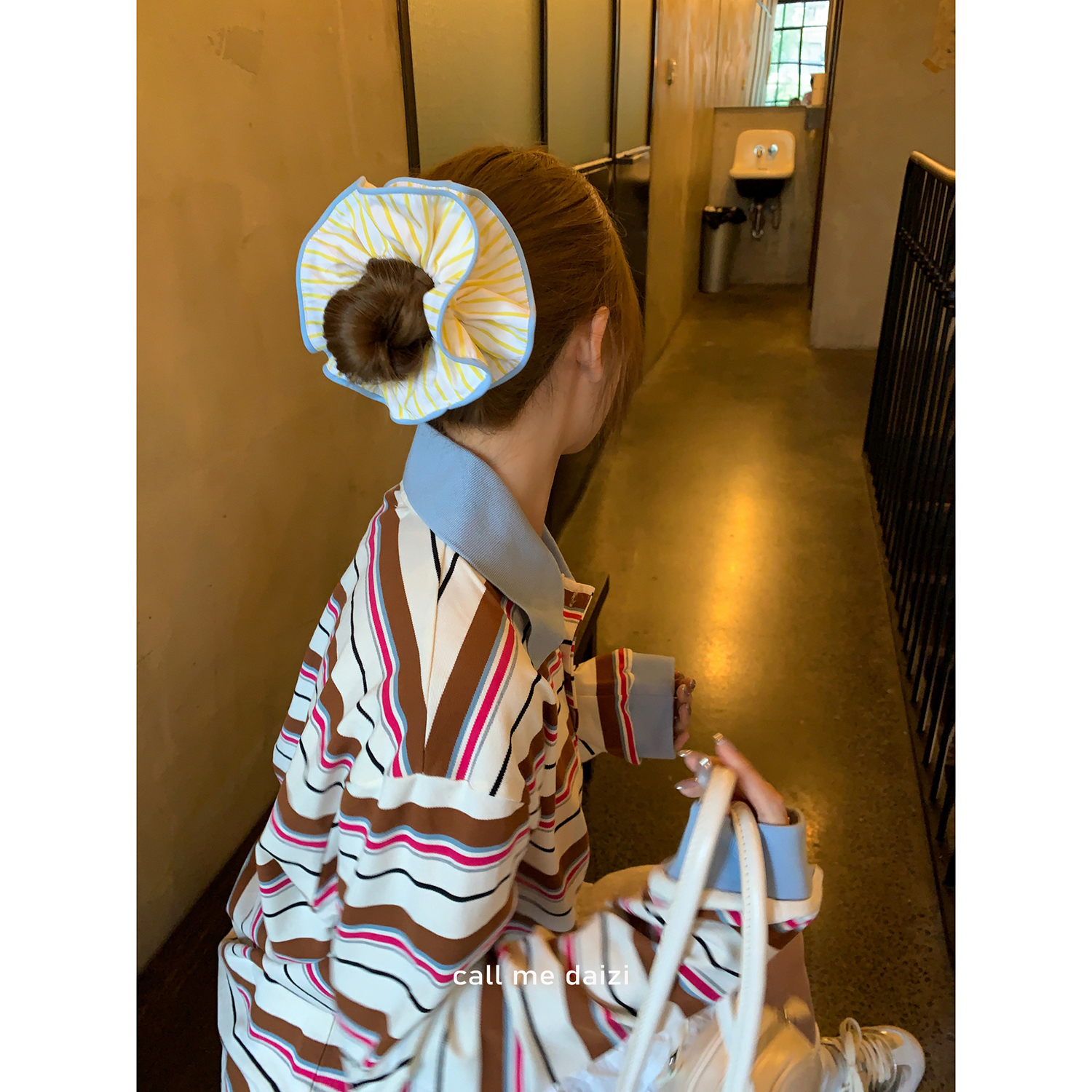 落日黄昏~韩国发饰2025新款撞色条纹大肠发圈马尾头绳清新饰品