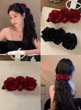 易梦玲同款红色花朵香蕉夹半扎发横夹后脑勺扭扭夹简约温柔发夹