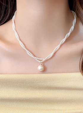 双层小麻花珍珠项链锁骨颈链女2026新款配饰毛衣链轻奢小众高级感
