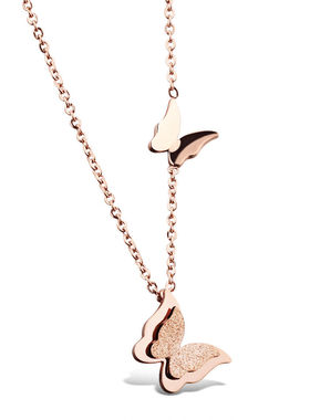 钛钢电镀玫瑰金女士项链 两只蝴蝶沙金设计 优雅气质女神款