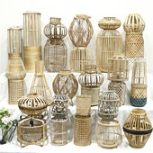 乡村民宿样板房家居装 孤品集合 美式 饰仿古手工竹编灯笼烛台风灯