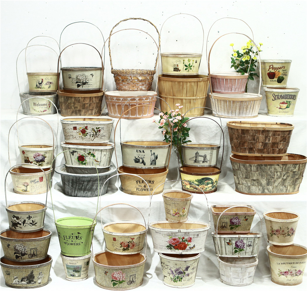 做旧木质田园风花盆木皮花篮干花