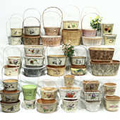 孤品大集合 美式 家居饰品仿古做旧木质田园花盆木皮花篮干花花器