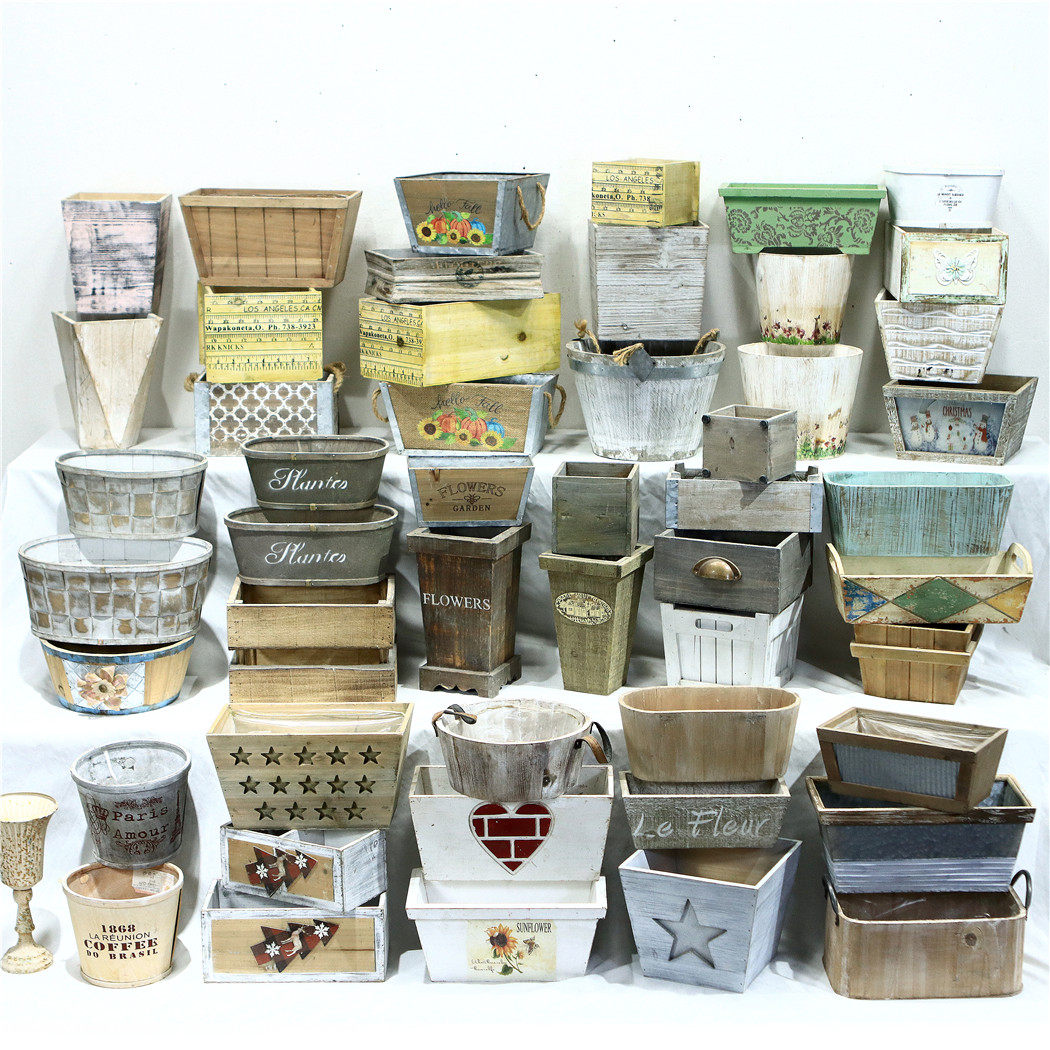 孤品大集合-美式仿古做旧实木质花盆植物多肉盆木盆木盒花器花桶