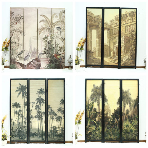 做旧木质竹编屏风折屏隔断座屏