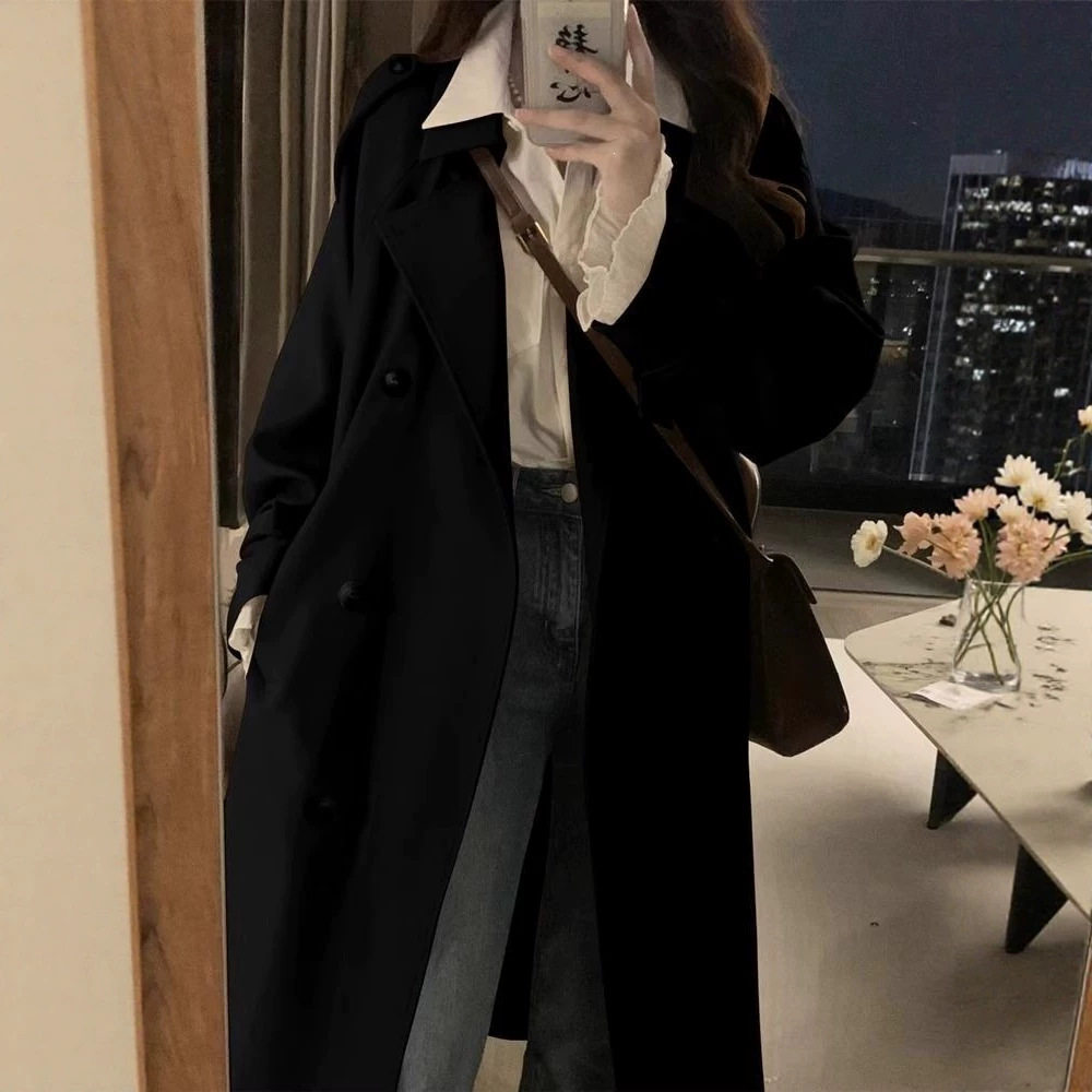 黑色英伦风小个子中长款风衣女