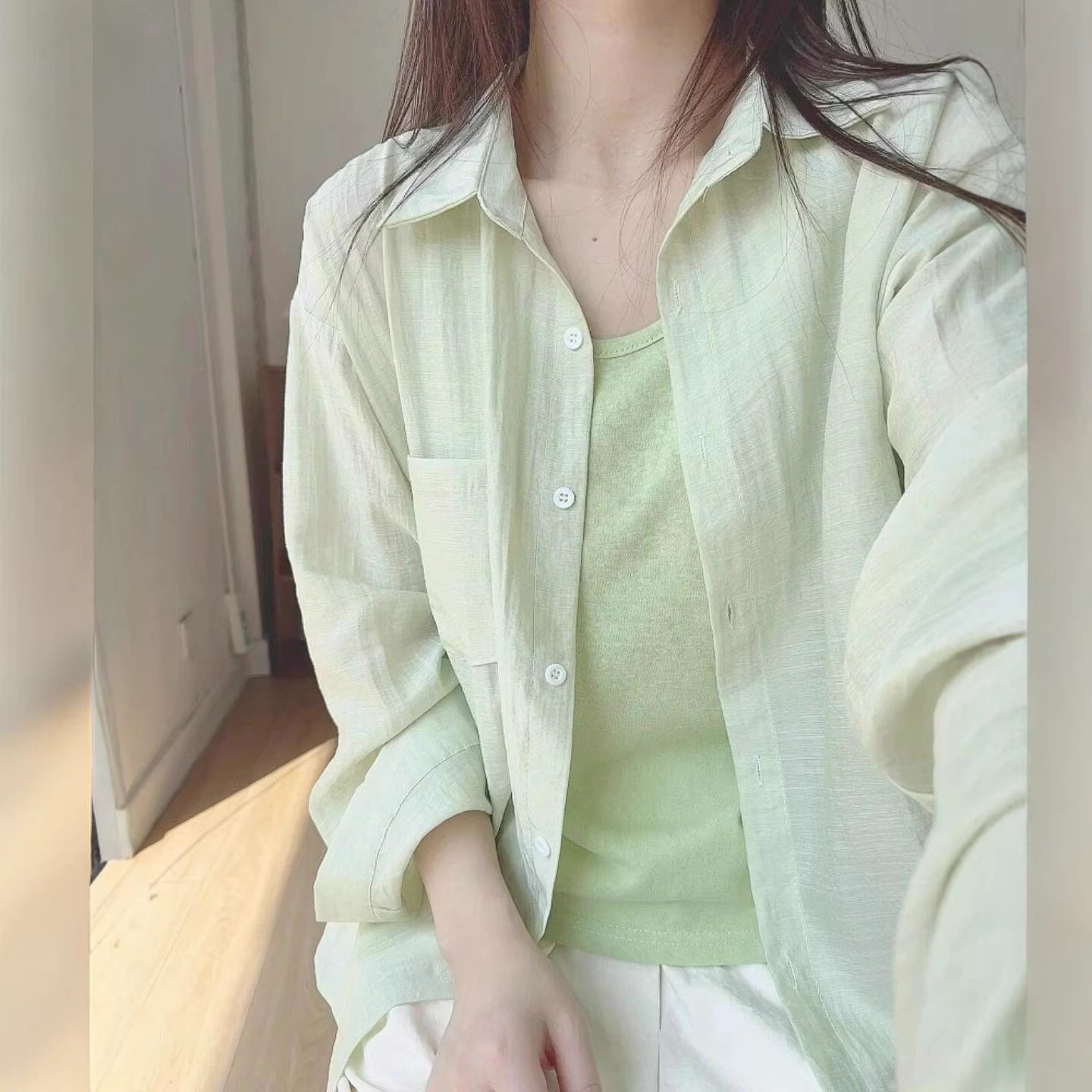 薄款棉麻防晒衬衫开衫女小个子设计感微透外搭衬衣吊带背心两件套