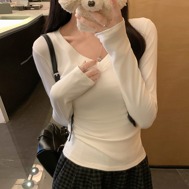 K2717正肩V领92棉长袖T恤打底衫秋冬季纯欲内搭修身显瘦打底上衣