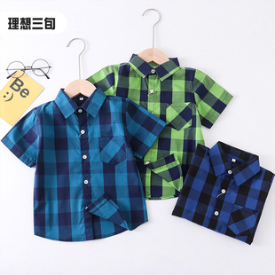 批发韩版 儿童格子衬衣 时尚 休闲柔软短袖 2025夏季 格子棉衬衫 薄款