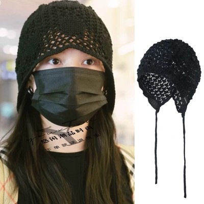 张婧怡同款帽子玫瑰花镂空编织包头帽女薄款堆堆帽显脸小针织冷帽