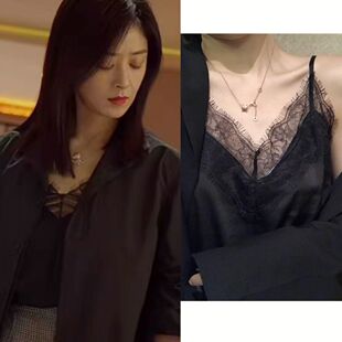 玫瑰丛生蒋欣瑜同款吊带背心女西装内搭上衣蕾丝V领打底醋酸缎面