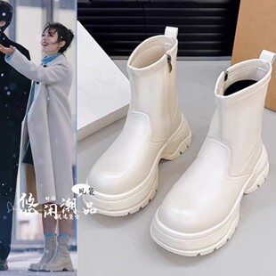 骄阳似我聂曦光赵今麦同款鞋白色厚底马丁靴女侧拉链增高短靴子